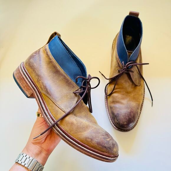 MENS COLE HAAN Cognac Brown Leather Chukka Blue Ankle Boots Lace Up Shoes 8.5
